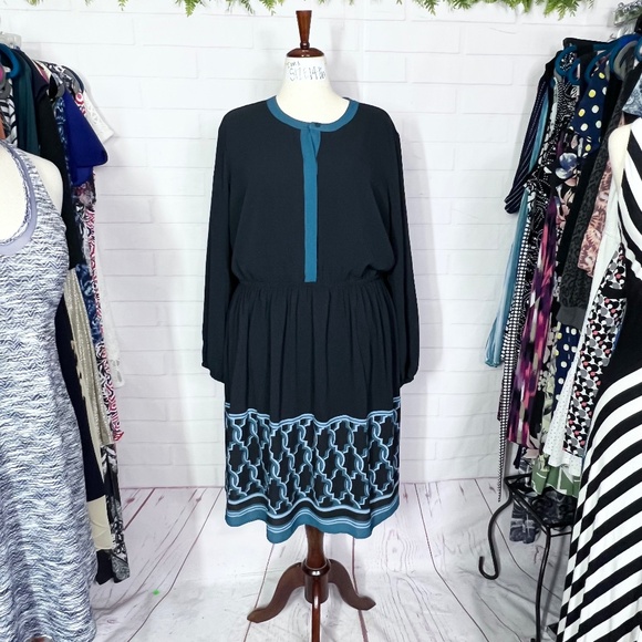 NWT🤩 |•LANE BRYANT•| Pretty Black & Teal Long Sleeve Dress Plus Size 22 - Picture 1 of 9